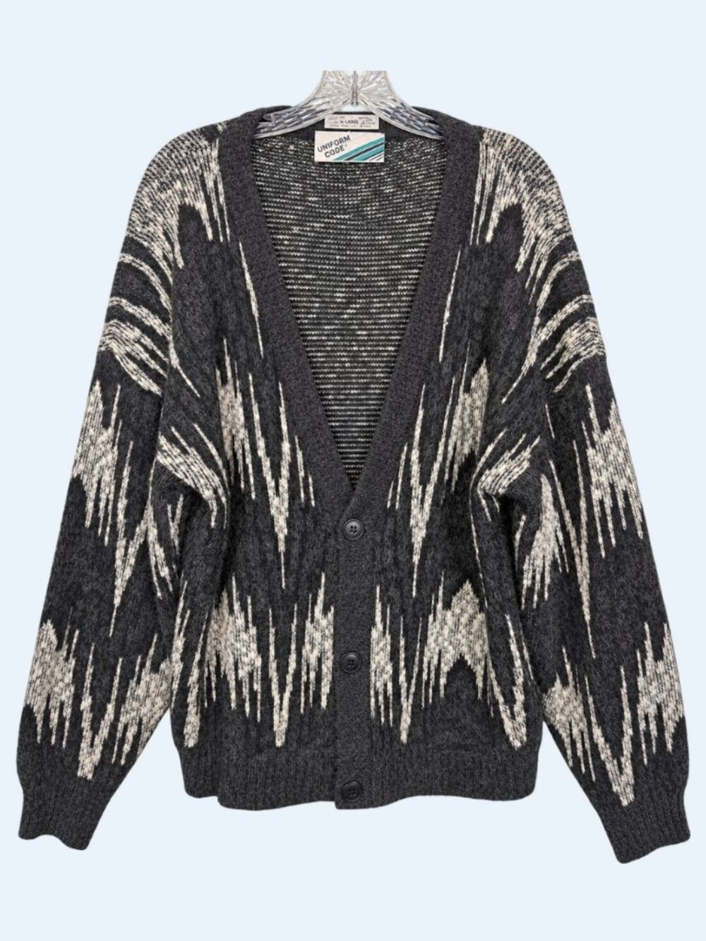 Vintage Uniform Code Mens XL Wool Cardigan Black Gray Abstract 80s 90s Made USA